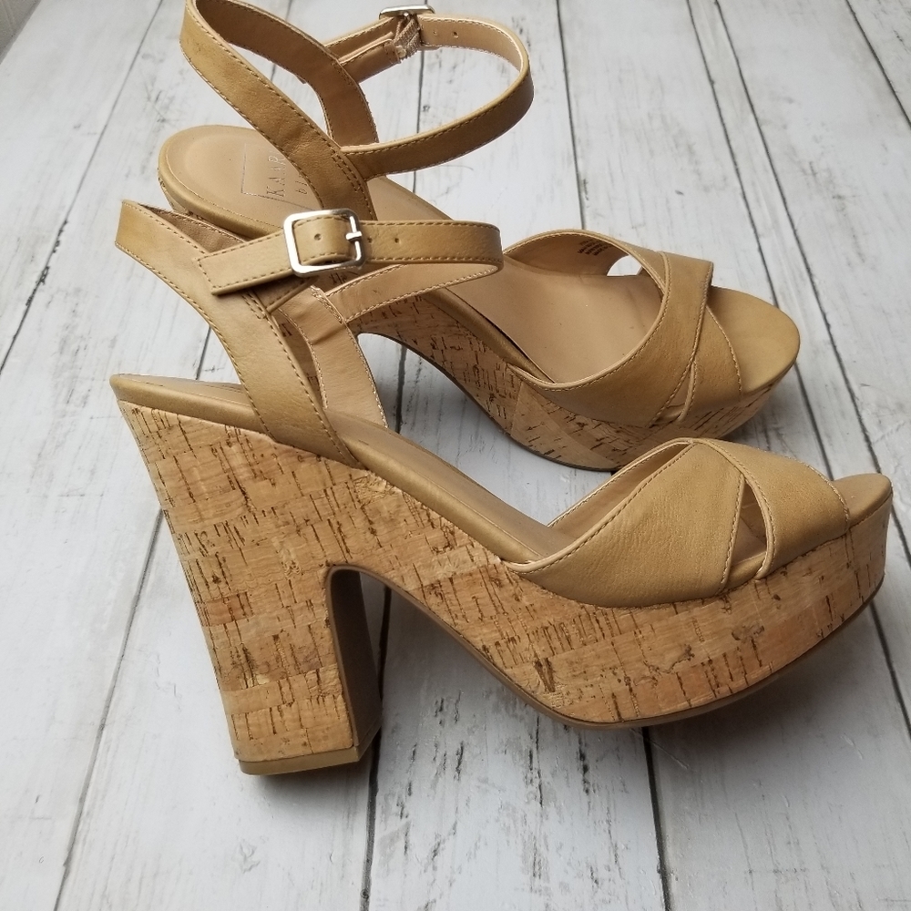 Kaari Blue Vera Faux Leather Chunky Platform Cork Heel Sandal